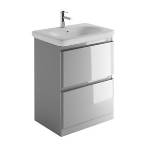 Marvel 600mm Floor Standing Bathroom Vanity Unit in Light Grey Gloss with Round Resin Basin
