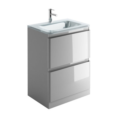 Marvel 600mm Floor Standing Bathroom Vanity Unit in Light Grey Gloss with White Glass Basin