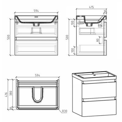 Marvel 600mm Wall Hung Bathroom Vanity Unit in Dark Grey Gloss with Grey Glass Basin