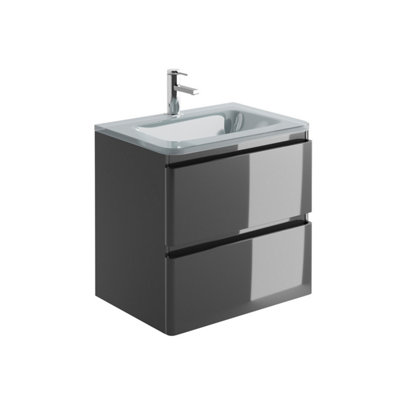 Marvel 600mm Wall Hung Bathroom Vanity Unit in Dark Grey Gloss with White Glass Basin