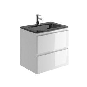 Marvel 600mm Wall Hung Bathroom Vanity Unit in Gloss White with Grey Glass Basin