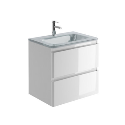 Marvel 600mm Wall Hung Bathroom Vanity Unit in Gloss White with White Glass Basin