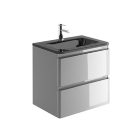 Marvel 600mm Wall Hung Bathroom Vanity Unit in Light Grey Gloss with Grey Glass Basin
