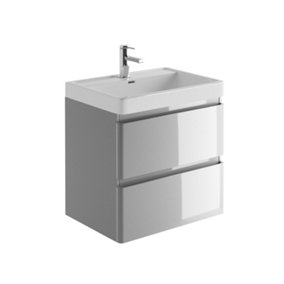 Marvel 600mm Wall Hung Bathroom Vanity Unit in Light Grey Gloss with Resin Basin