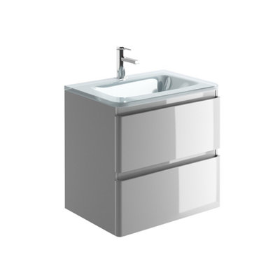 Marvel 600mm Wall Hung Bathroom Vanity Unit in Light Grey Gloss with White Glass Basin