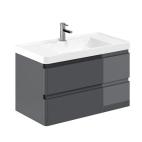 Marvel 900mm Wall Hung Bathroom Vanity Unit in Dark Grey Gloss with Resin Basin