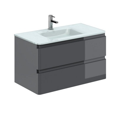 Marvel 900mm Wall Hung Bathroom Vanity Unit in Dark Grey Gloss with White Glass Basin