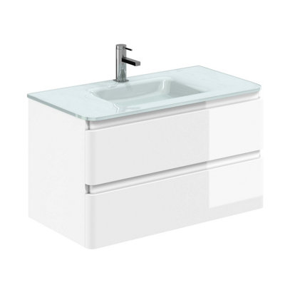 Marvel 900mm Wall Hung Bathroom Vanity Unit in Gloss White with White Glass Basin