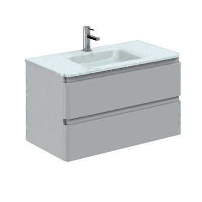 Marvel 900mm Wall Hung Bathroom Vanity Unit in Light Grey Gloss with White Glass Basin