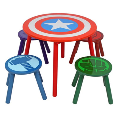 Marvel Avengers Table and Stools Set, 15mm MDF, pine wood, Multicolour, Table: W60 X D60 X 48cm, Stools: W28 X D28 X H28cm