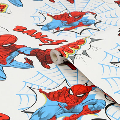 Marvel SpiderMan Pow Wallpaper Roll White and Red