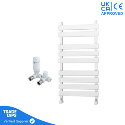 Marvella White Flat Panel Towel Rail - 950 x 500mm - Corner TRV Valve ...