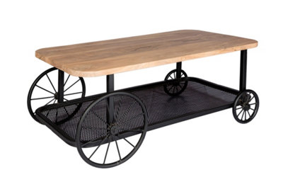 Marvik Industrial Metal Wheel Base Wooden Top Coffee Table In Black Finish