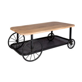 Marvik Industrial Metal Wheel Base Wooden Top Coffee Table In Black Finish