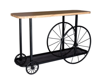 Marvik Industrial Reclaimed Metal Wheel Base And Wood Console / Hall Table