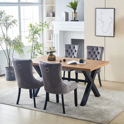 Marvin Set of 5 Oak Wood Veneer Dining Table 160cm and 4 Grey Luxury Velvet Dining Chairs Dining Room Furniture Sets