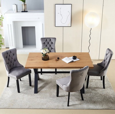 Marvin Set of 5 Oak Wood Veneer Dining Table 160cm and 4 Grey Luxury Velvet Dining Chairs Dining Room Furniture Sets