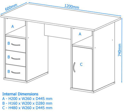 Maryland Desk with 3 Drawers and 1 Door White
