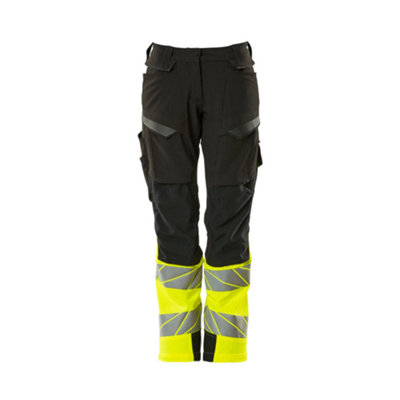 Mascot Accelerate Safe Ladies Diamond Fit Trousers with Kneepad Pockets - Black/Hi-Vis Yellow  (29) (Leg Length - Short)