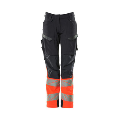 Mascot Accelerate Safe Ladies Diamond Fit Trousers with Kneepad Pockets - Dark Navy/Hi-Vis Red (29) (Leg Length - Regular)