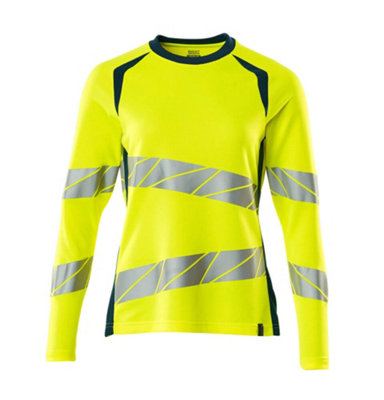 Mascot Accelerate Safe Ladies Fit Long-Sleeved T-shirt (Hi-Vis Yellow/Dark Petroleum)  (X Small)