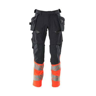 Mascot Accelerate Safe Trousers with Holster Pockets - Dark Navy/Hi-Vis Red   (34.5) (Leg Length - Short)