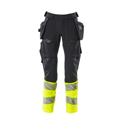 Mascot Accelerate Safe Trousers with Holster Pockets - Dark Navy/Hi-Vis Yellow   (31.5) (Leg Length - Short)