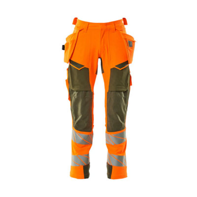 Mascot Accelerate Safe Trousers with Holster Pockets - Hi-Vis Orange/Moss Green   (29.5) (Leg Length - Regular)