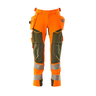 Mascot Accelerate Safe Trousers with Holster Pockets - Hi-Vis Orange/Moss Green   (33.5) (Leg Length - Short)