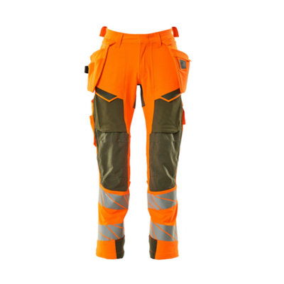 Mascot Accelerate Safe Trousers with Holster Pockets - Hi-Vis Orange/Moss Green   (34.5) (Leg Length - Long)