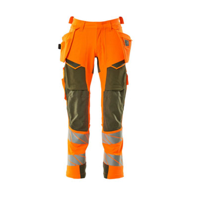 Mascot Accelerate Safe Trousers with Holster Pockets - Hi-Vis Orange/Moss Green   (35.5) (Leg Length - Regular)