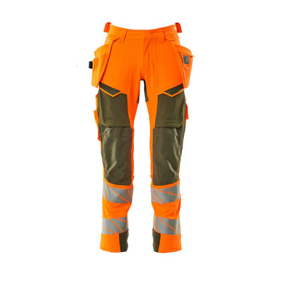 Mascot Accelerate Safe Trousers with Holster Pockets - Hi-Vis Orange/Moss Green   (44.5) (Leg Length - Regular)