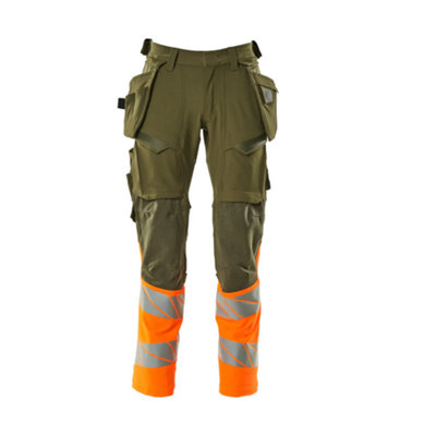 Mascot Accelerate Safe Trousers with Holster Pockets - Moss Green/Orange   (31.5) (Leg Length - Regular)