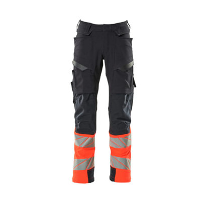 Mascot Accelerate Safe Trousers with Kneepad Pockets - Dark Navy/Hi-Vis Red  (31.5) (Leg Length - Long)