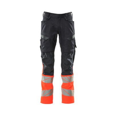 Mascot Accelerate Safe Trousers with Kneepad Pockets - Dark Navy/Hi-Vis Red   (35.5) (Leg Length - Long)