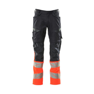 Mascot Accelerate Safe Trousers with Kneepad Pockets - Dark Navy/Hi-Vis Red   (36.5) (Leg Length - Regular)