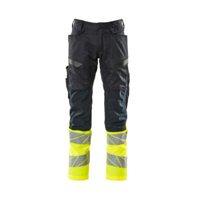 Mascot Accelerate Safe Trousers with Kneepad Pockets - Dark Navy/Hi-Vis Yellow   (44.5) (Leg Length - Long)