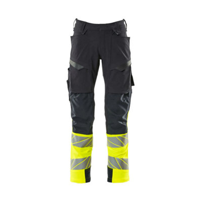 Mascot Accelerate Safe Trousers with Kneepad Pockets - Dark Navy/Hi-Vis Yellow   (48.5) (Leg Length - Regular)