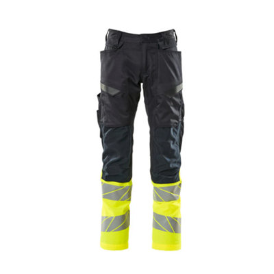 Mascot Accelerate Safe Trousers with Kneepad Pockets - Dark Navy/Hi-Vis Yellow   (48.5) (Leg Length - Regular)