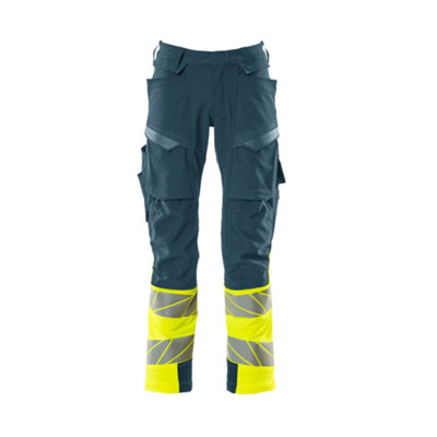 Mascot Accelerate Safe Trousers with Kneepad Pockets - Dark Petroleum/Hi-Vis Yellow  (30.5) (Leg Length - Long)