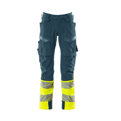 Mascot Accelerate Safe Trousers with Kneepad Pockets - Dark Petroleum/Hi-Vis Yellow   (48.5) (Leg Length - Regular)