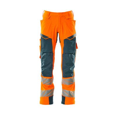 Mascot Accelerate Safe Trousers with Kneepad Pockets - Hi-Vis Orange/Dark Petroleum   (29.5) (Leg Length - Regular)
