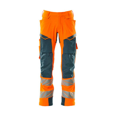 Mascot Accelerate Safe Trousers with Kneepad Pockets - Hi-Vis Orange/Dark Petroleum   (30.5) (Leg Length - Long)