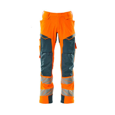 Mascot Accelerate Safe Trousers with Kneepad Pockets - Hi-Vis Orange/Dark Petroleum   (30.5) (Leg Length - Short)