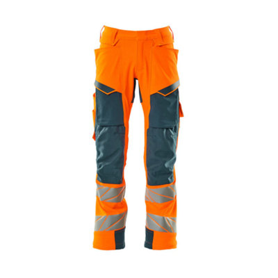 Mascot Accelerate Safe Trousers with Kneepad Pockets - Hi-Vis Orange/Dark Petroleum   (31.5) (Leg Length - Short)