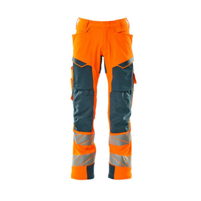 Mascot Accelerate Safe Trousers with Kneepad Pockets - Hi-Vis Orange/Dark Petroleum   (33.5) (Leg Length - Regular)