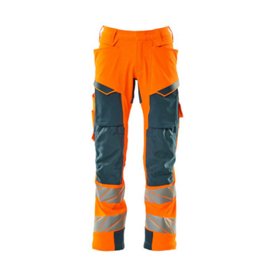Mascot Accelerate Safe Trousers with Kneepad Pockets - Hi-Vis Orange/Dark Petroleum   (33.5) (Leg Length - Short)