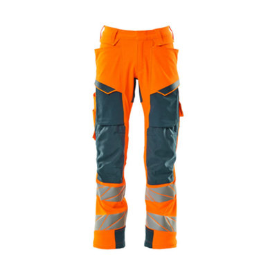 Mascot Accelerate Safe Trousers with Kneepad Pockets - Hi-Vis Orange/Dark Petroleum   (38.5) (Leg Length - Short)