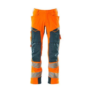 Mascot Accelerate Safe Trousers with Kneepad Pockets - Hi-Vis Orange/Dark Petroleum   (44.5) (Leg Length - Regular)