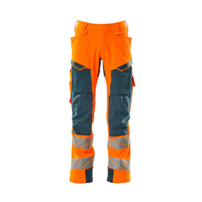 Mascot Accelerate Safe Trousers with Kneepad Pockets - Hi-Vis Orange/Dark Petroleum   (50.5) (Leg Length - Regular)